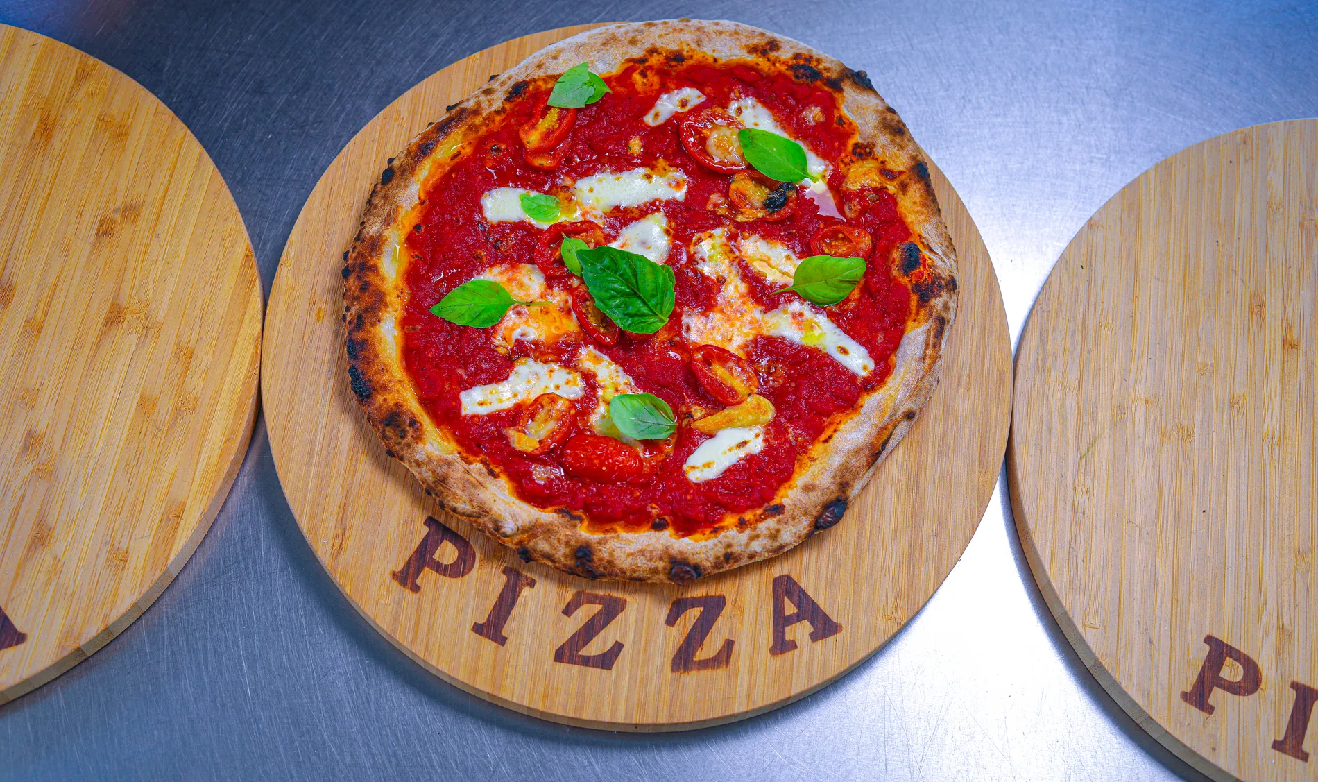 Margherita pizza commercial photograph